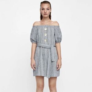 Zara Basic Size Small Plaid Off‎ The Shoulder Puff Sleeve Mini Belted Dress